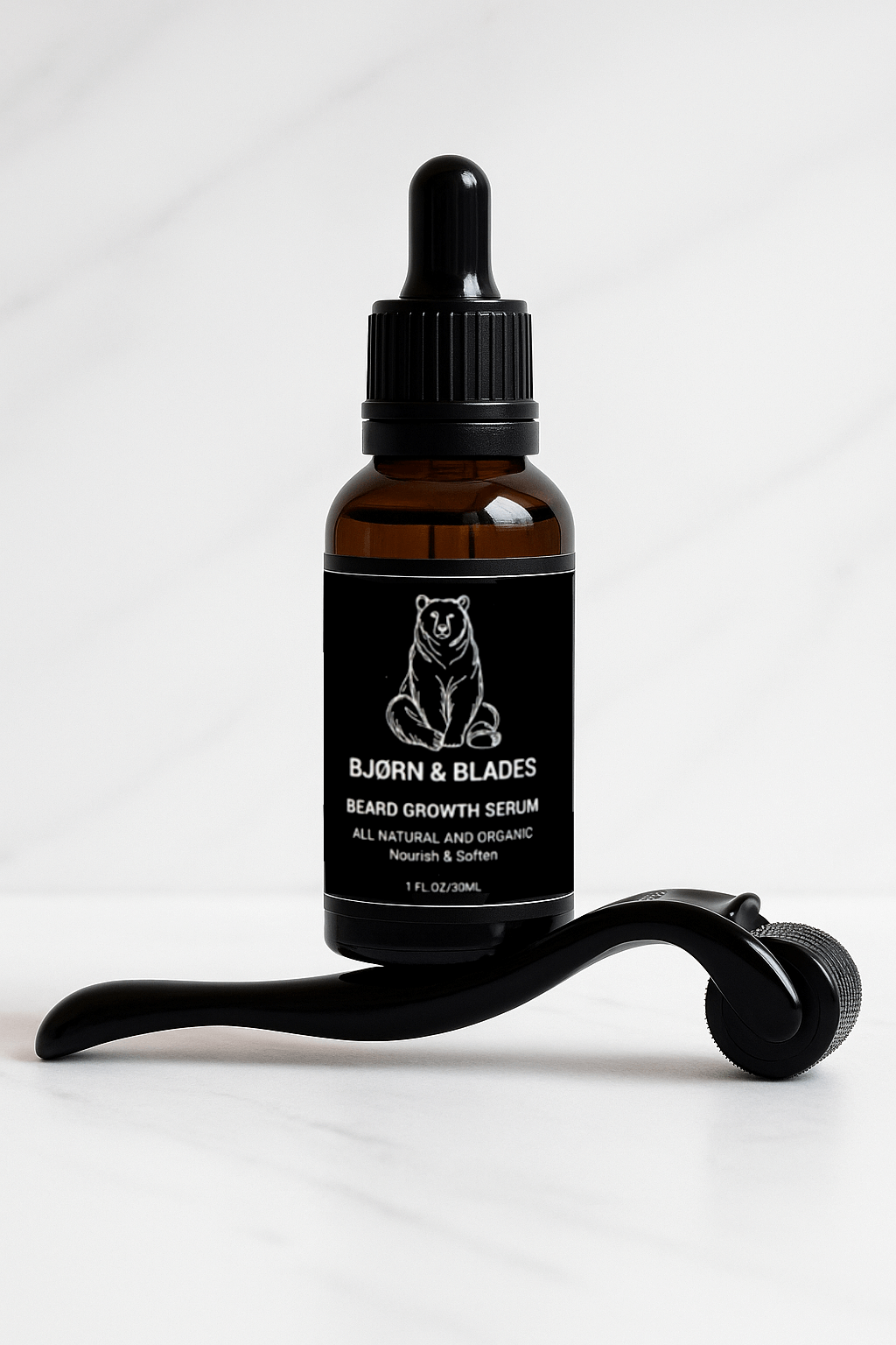 Komplet skægpleje kit fra Bjørn & Blades med dermaroller og vækstserum – samlet i maskulin gaveæske.