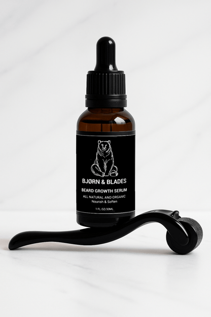 Komplet skægpleje kit fra Bjørn & Blades med dermaroller og vækstserum – samlet i maskulin gaveæske.